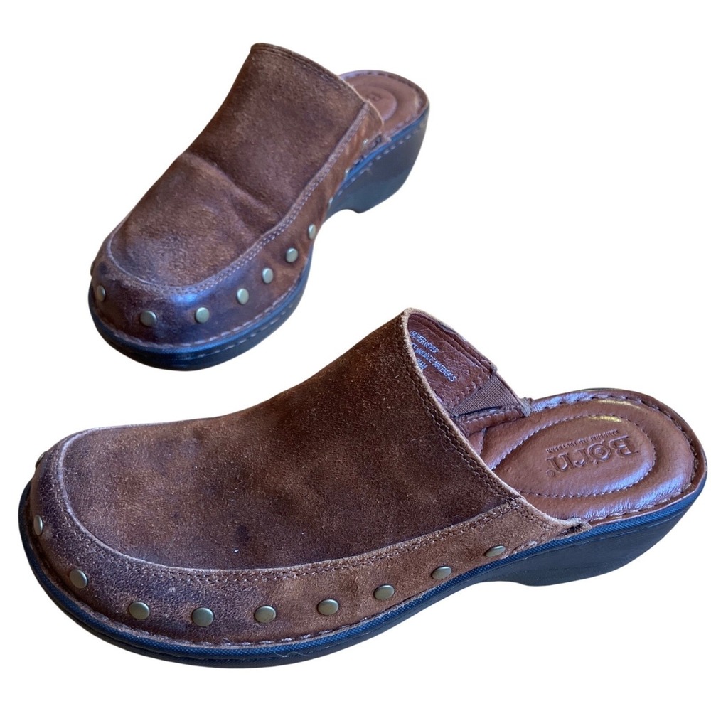 Vtg Brown Suede Studded Leather Clogs Mules Wedge Shoes Womens 8W Granola‎ Girl - Picture 2 of 9